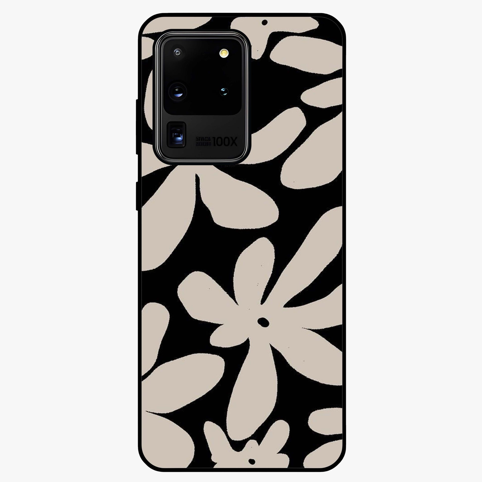 Monochrome Petal Dance Glass Case showing flat back view with monochrome floral artwork and glossy glass finish.