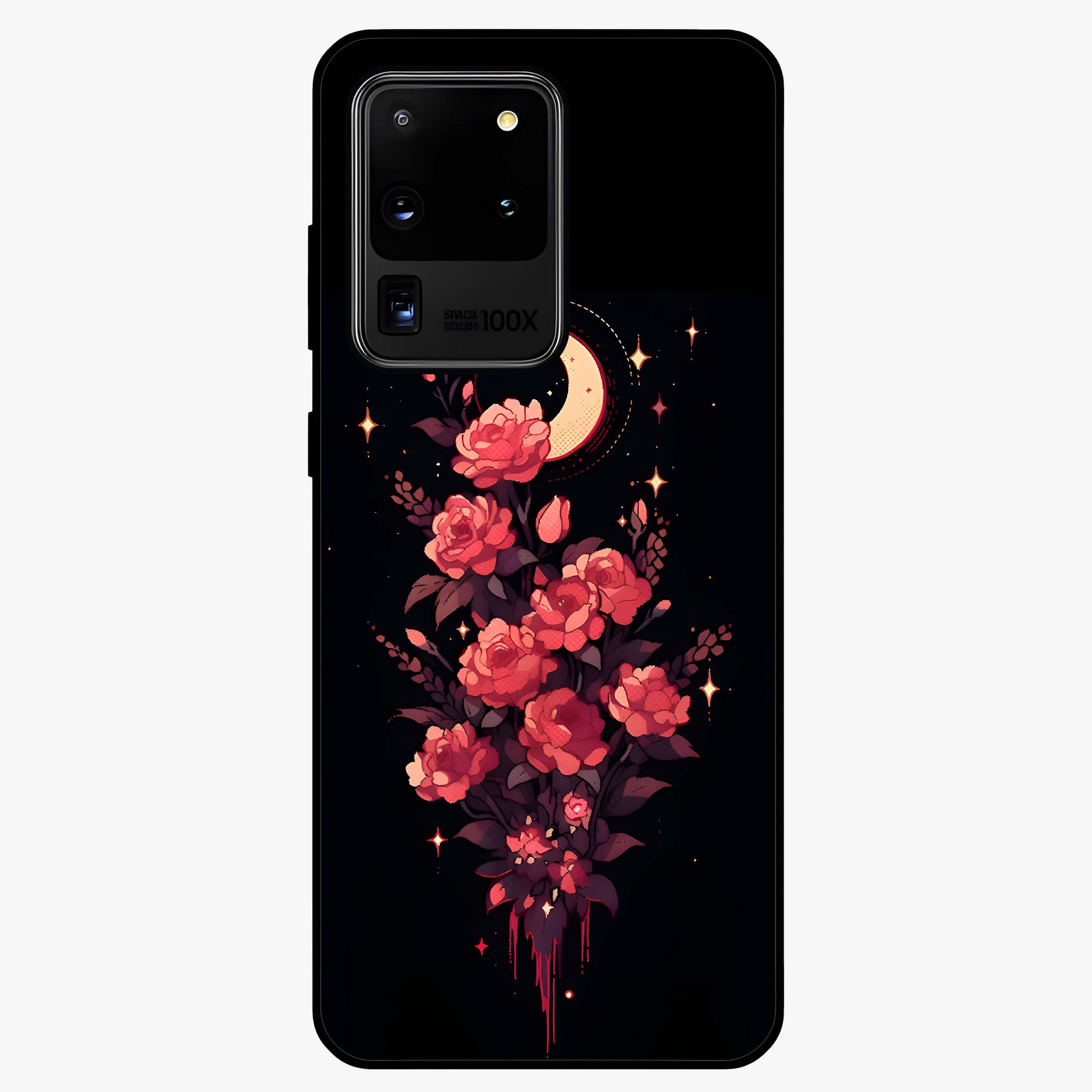 Moonlit Floral Elegance Glass Case showing flat back view with elegant floral artwork under moonlit tones and glossy glass finish.