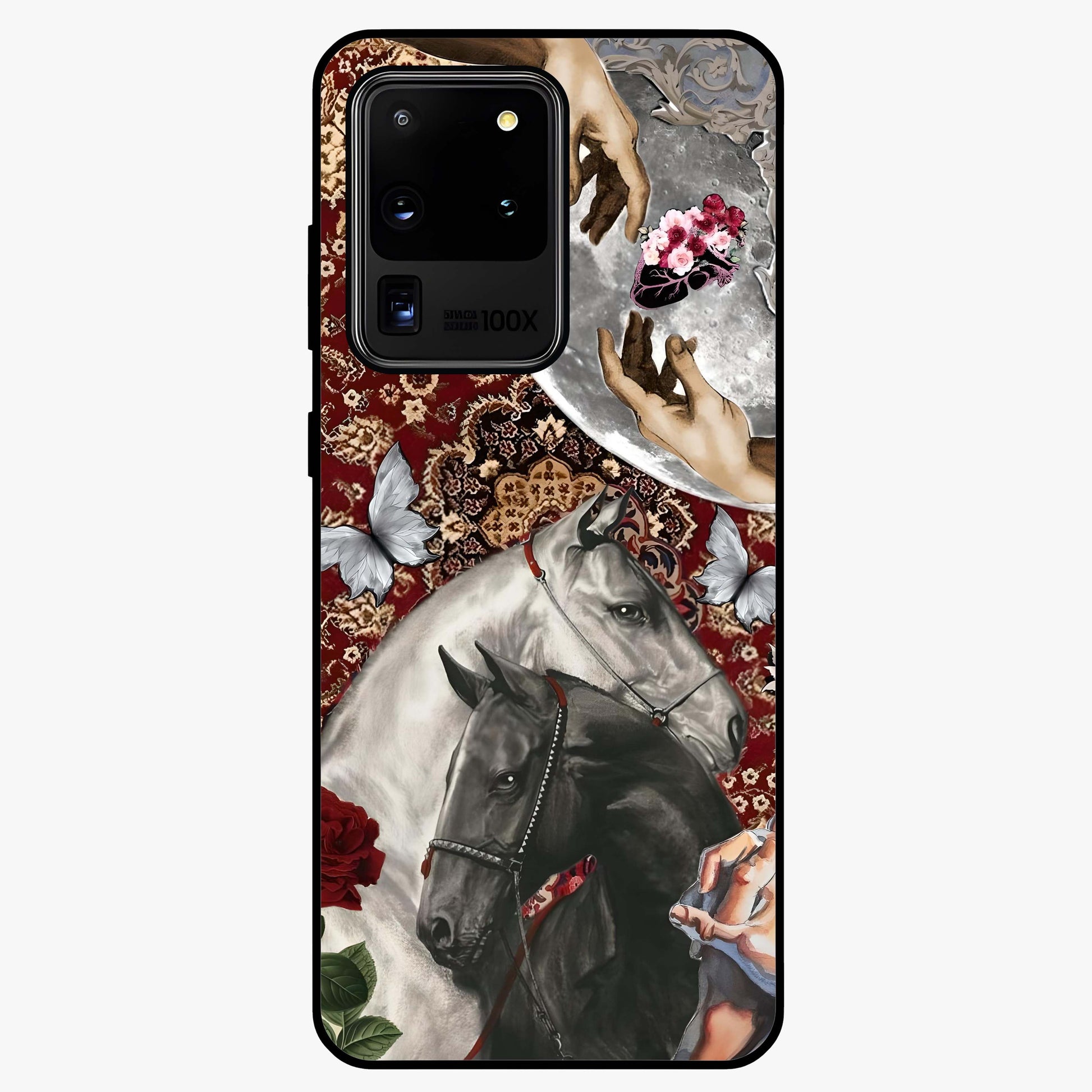 Moonlit Royal Stallion Glass Case showing flat back view with majestic horse under moonlight artwork and glossy glass finish.