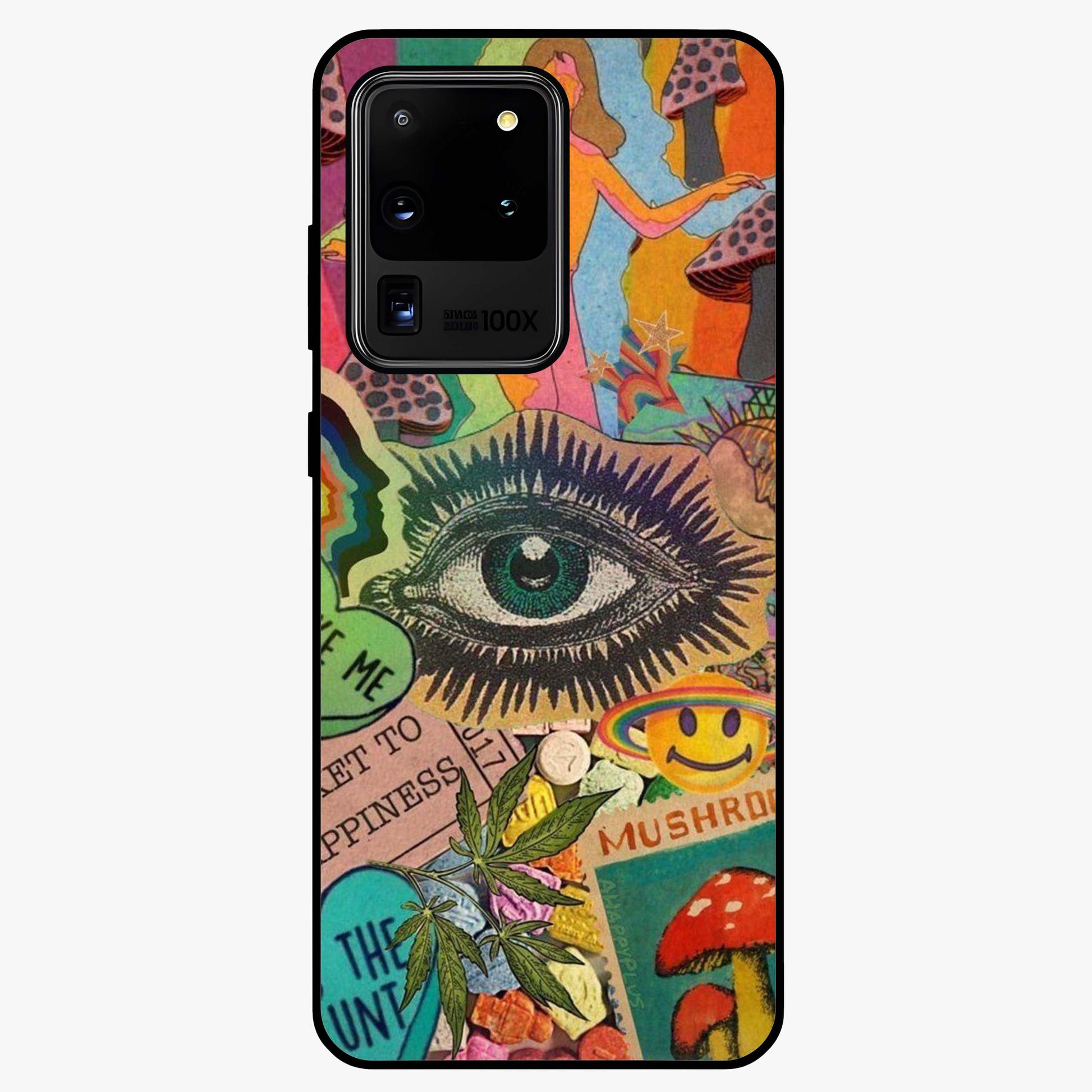 Mystic Eye Wonderland Glass Case showing flat back view with mystical eye themed artwork and glossy glass finish.