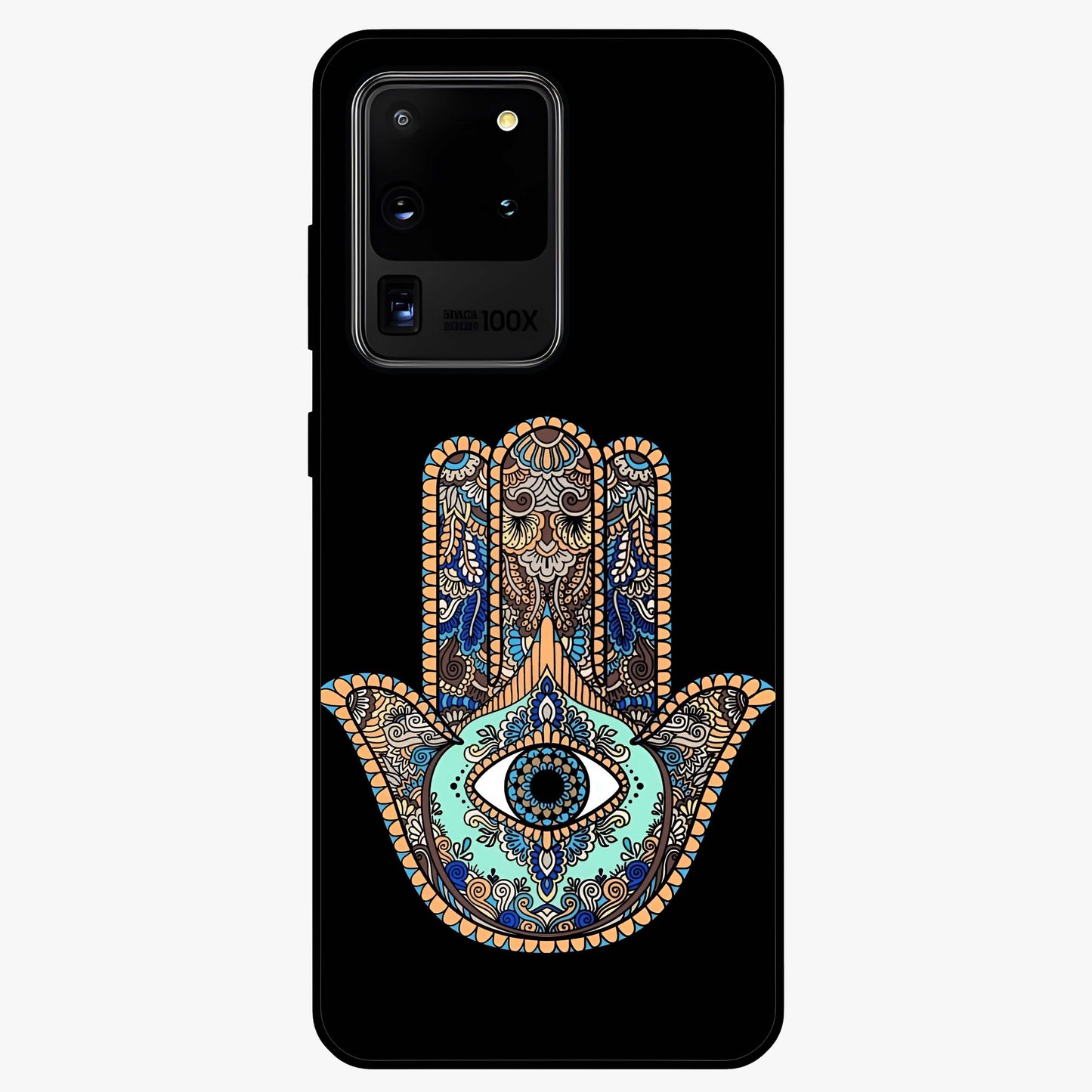 Mystic Hamsa Eye Glass Case showing flat back view with protective hamsa hand and evil eye artwork and glossy glass finish.