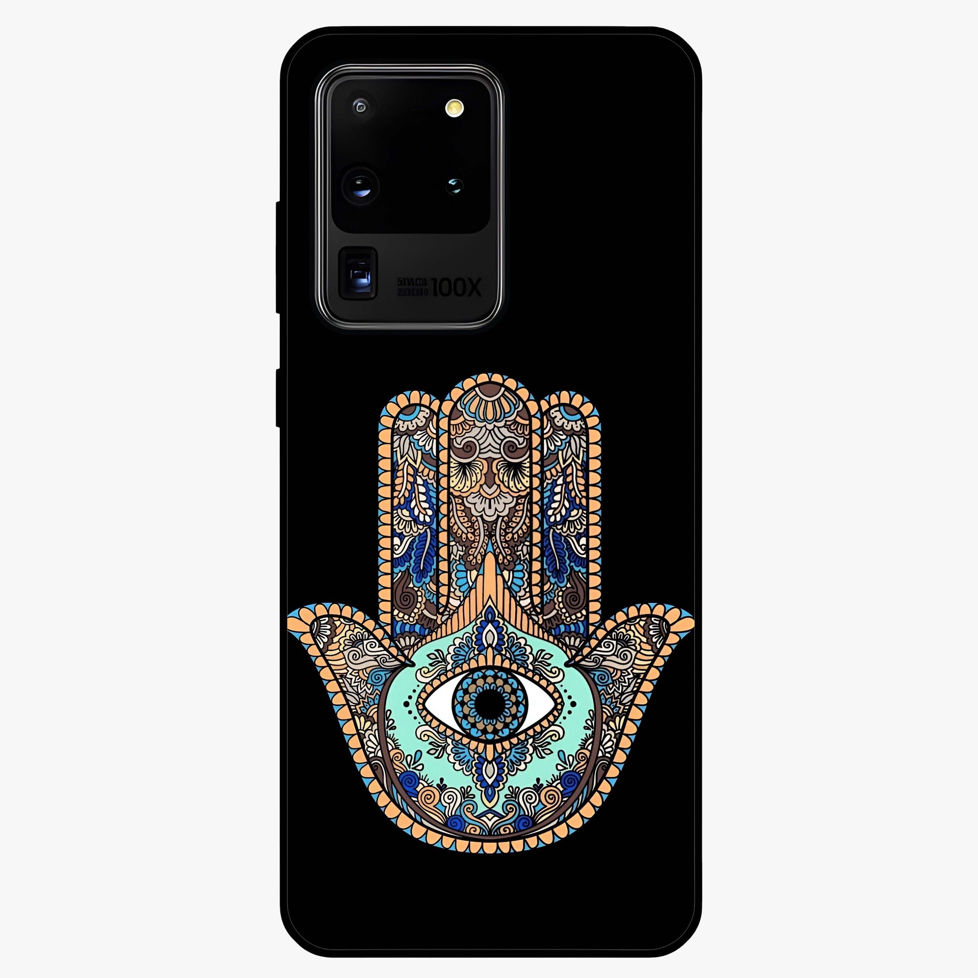 Mystic Hamsa Eye Glass Case showing flat back view with protective hamsa hand and evil eye artwork and glossy glass finish.