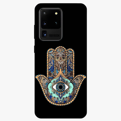 Mystic Hamsa Eye Glass Case showing flat back view with protective hamsa hand and evil eye artwork and glossy glass finish.