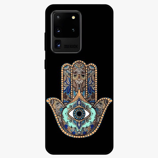 Mystic Hamsa Eye Glass Case showing flat back view with protective hamsa hand and evil eye artwork and glossy glass finish.