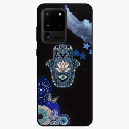 Mystic Hand Aura Glass Case showing flat back view with mystical hand symbol artwork and glossy glass finish.