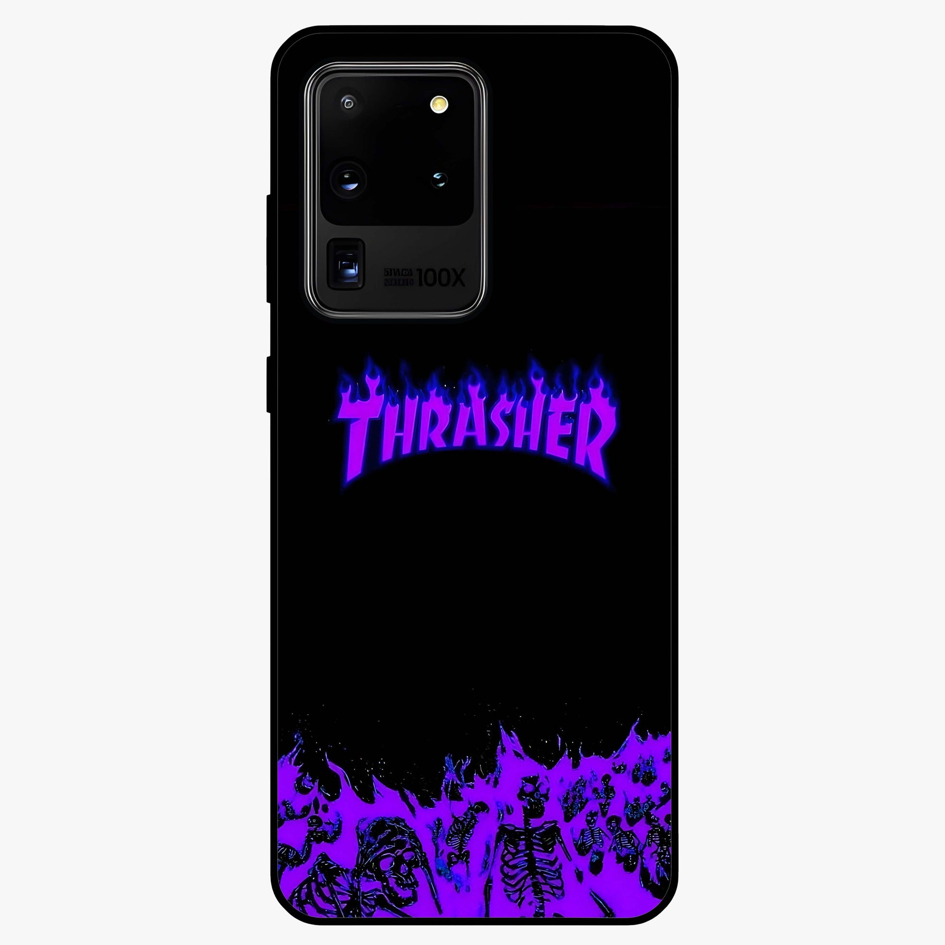 Neon Flame Riot Glass Case showing flat back view with neon flame artwork and glossy glass finish.