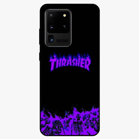 Neon Flame Riot Glass Case showing flat back view with neon flame artwork and glossy glass finish.