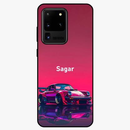 Neon Pink Porsche Glass Case showing flat back view with stylish sports car artwork and glossy glass finish.