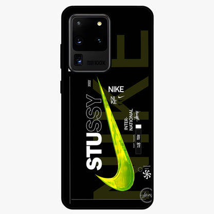Neon Street Edition Glass Case showing flat back view with neon street style artwork and glossy glass finish.