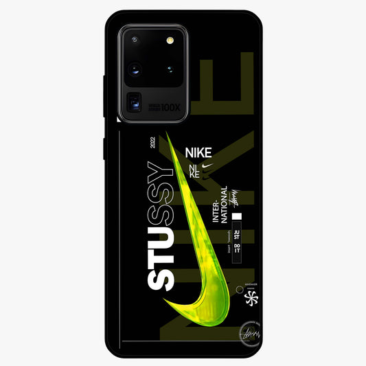 Neon Street Edition Glass Case showing flat back view with neon street style artwork and glossy glass finish.