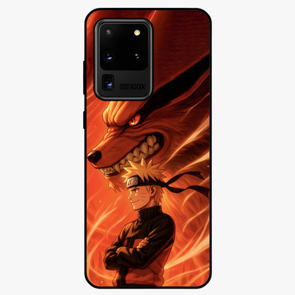 Nine Tails Legacy Glass Case showing flat back view with powerful nine-tailed fox inspired artwork and glossy glass finish.