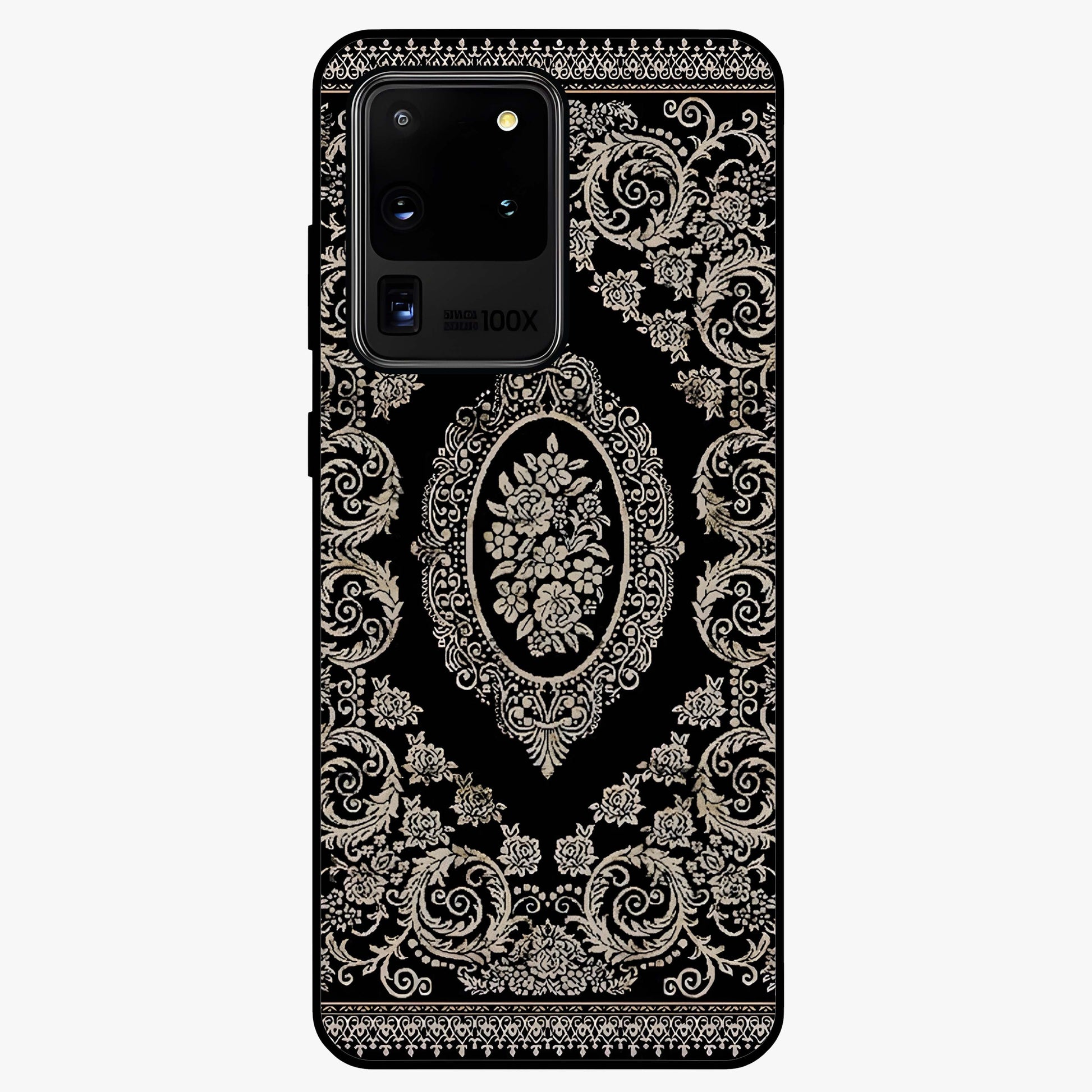 Noir Bloom Elegance Glass Case showing flat back view with elegant dark floral artwork and glossy glass finish.