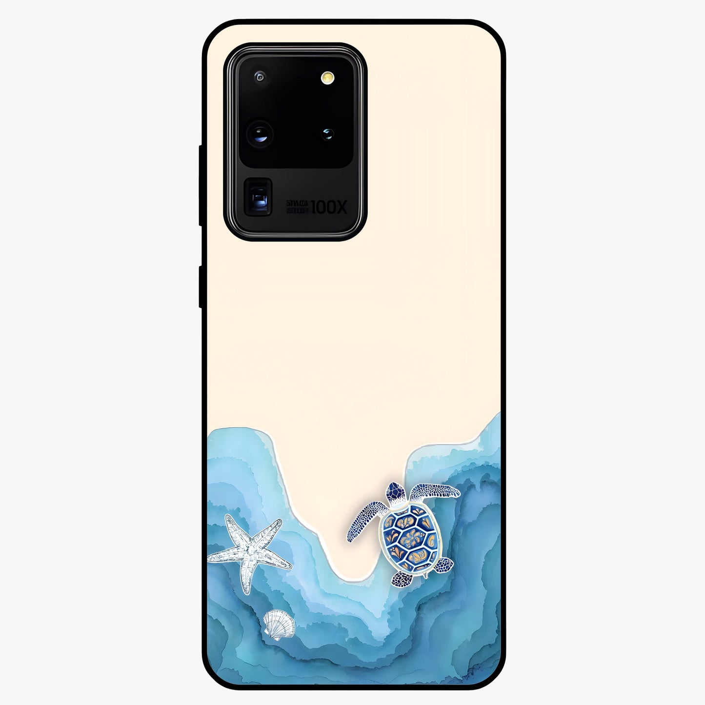 Ocean Drift Turtle Glass Case showing flat back view with sea turtle artwork and glossy glass finish.