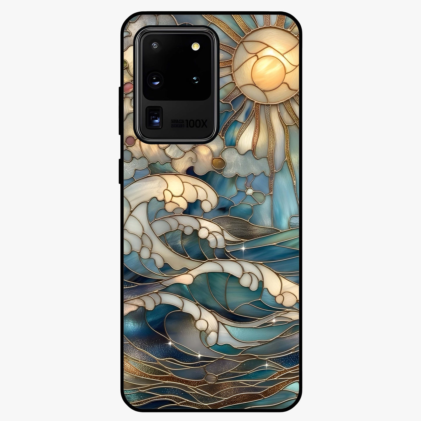 Oceanic Stained Printed Glass Case showing flat back view with ocean inspired stained pattern artwork and glossy glass finish.