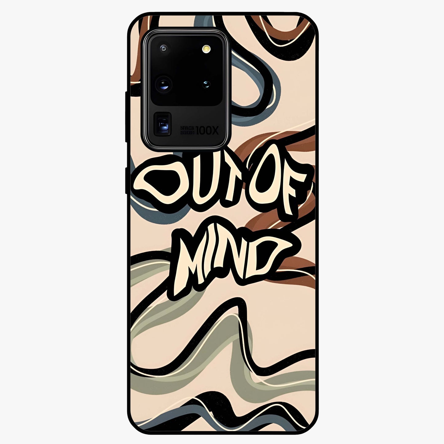 Out Of Mind Glass Case showing flat back view with expressive typography artwork and glossy glass finish.