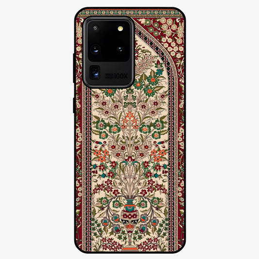 Persian Inspired Glass Case showing flat back view with ornate Persian style pattern artwork and glossy glass finish.