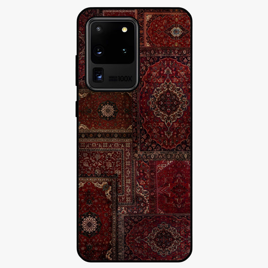 Persian Velvet Tale Glass Case showing flat back view with luxurious Persian velvet pattern artwork and glossy glass finish.