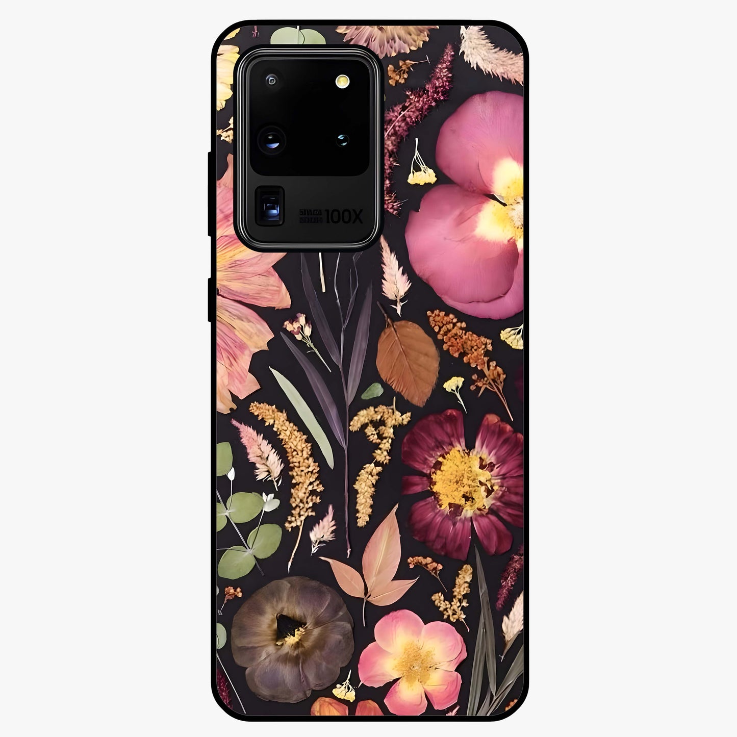 Petal Dream Tapestry Glass Case showing flat back view with intricate floral tapestry artwork and glossy glass finish.