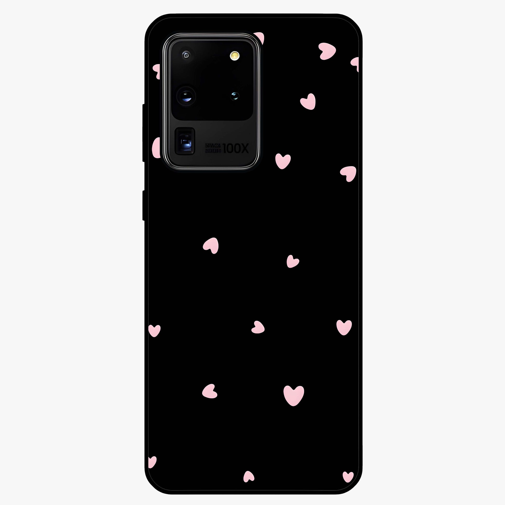 Pink Love Drops Glass Case showing flat back view with playful pink heart drops artwork and glossy glass finish.