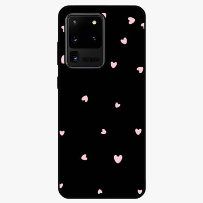 Pink Love Drops Glass Case showing flat back view with playful pink heart drops artwork and glossy glass finish.