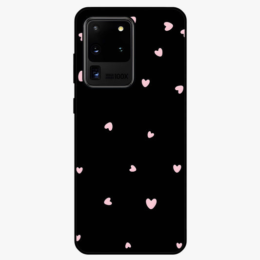 Pink Love Drops Glass Case showing flat back view with playful pink heart drops artwork and glossy glass finish.