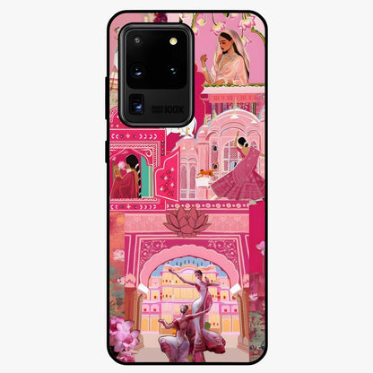 Pink Palace Muse Glass Case showing flat back view with elegant palace inspired artwork and glossy glass finish.