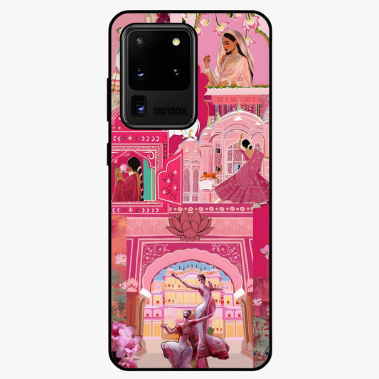 Pink Palace Muse Glass Case showing flat back view with elegant palace inspired artwork and glossy glass finish.