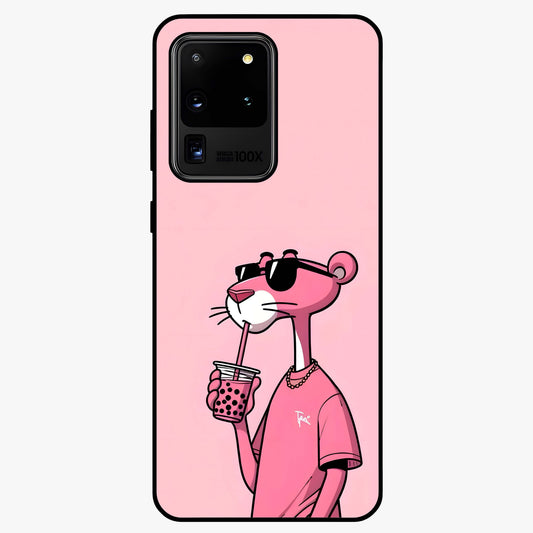 Pink Panther Glass Case showing flat back view with iconic pink panther artwork and glossy glass finish.