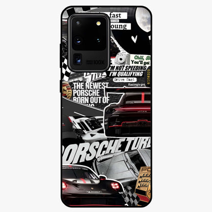 Porsche Racing Collage Glass Case showing flat back view with sports car racing collage artwork and glossy glass finish.