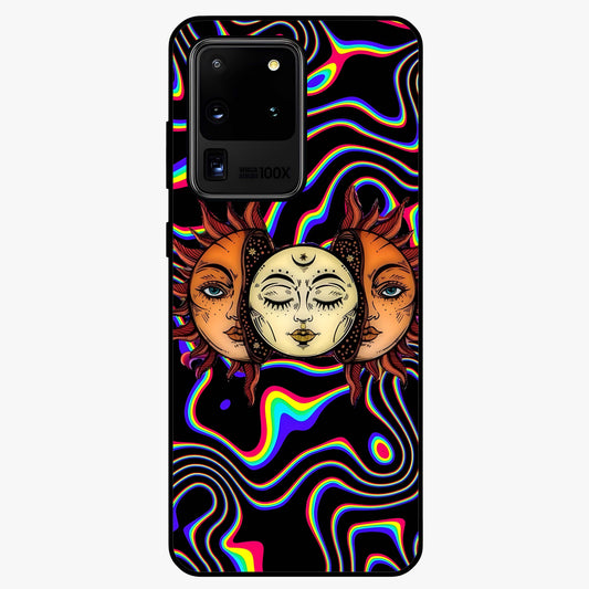 Psychedelic Sun Glass Case showing flat back view with colorful psychedelic sun artwork and glossy glass finish.