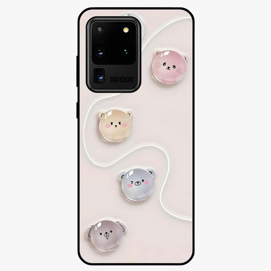 Puffy Face Parade Glass Case showing flat back view with cute puffy character faces artwork and glossy glass finish.