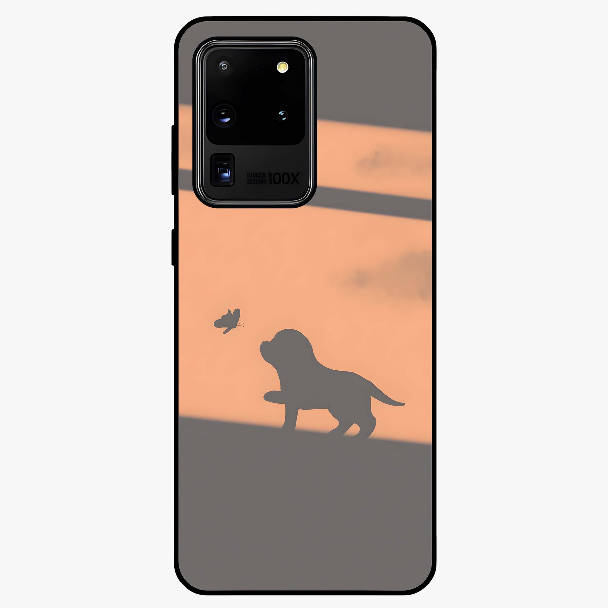 Puppy Shadow Art Glass Case showing flat back view with cute puppy shadow style artwork and glossy glass finish.