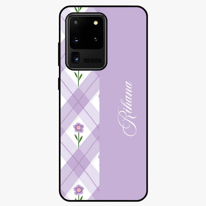 Purple Diamond Floral Glass Case showing flat back view with diamond shaped floral artwork and glossy glass finish.