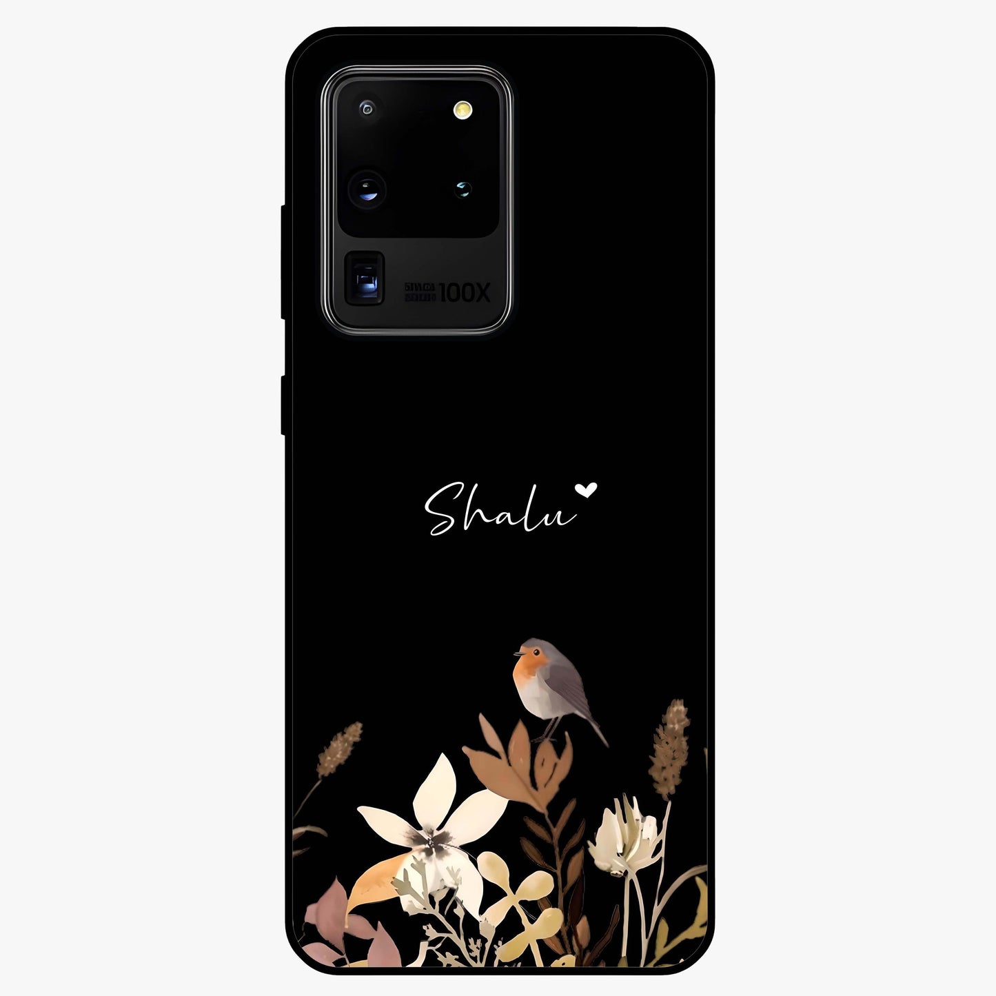 Quiet Garden Tune Custom Name Glass Case showing flat back view with peaceful garden artwork and personalized name design.