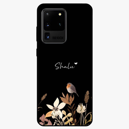 Quiet Garden Tune Custom Name Glass Case showing flat back view with peaceful garden artwork and personalized name design.