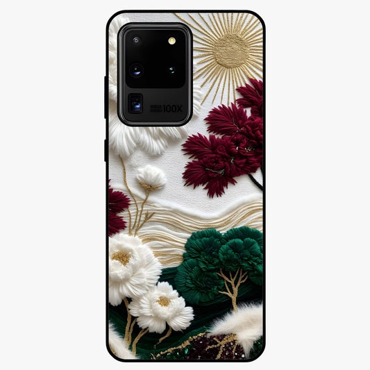 Radiant Bloom Elegance Glass Case showing flat back view with elegant blooming flower artwork and glossy glass finish.