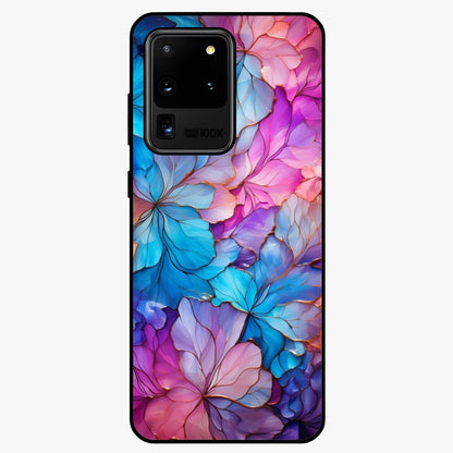Radiant Floral Whirl Glass Case showing flat back view with swirling floral artwork and glossy glass finish.