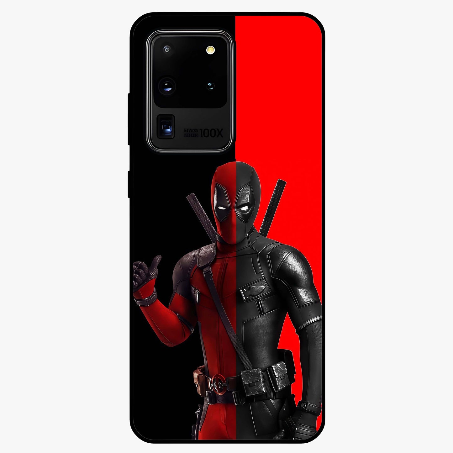 Red & Black Deadpool Theme Glass Case showing flat back view with bold comic inspired artwork and glossy glass finish.