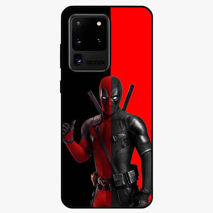 Red & Black Deadpool Theme Glass Case showing flat back view with bold comic inspired artwork and glossy glass finish.