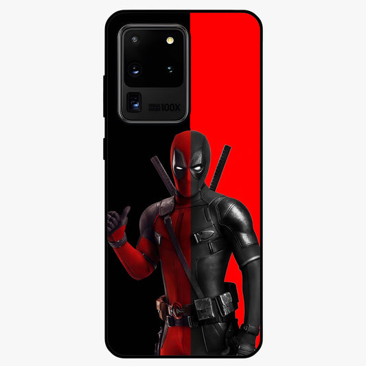 Red & Black Deadpool Theme Glass Case showing flat back view with bold comic inspired artwork and glossy glass finish.