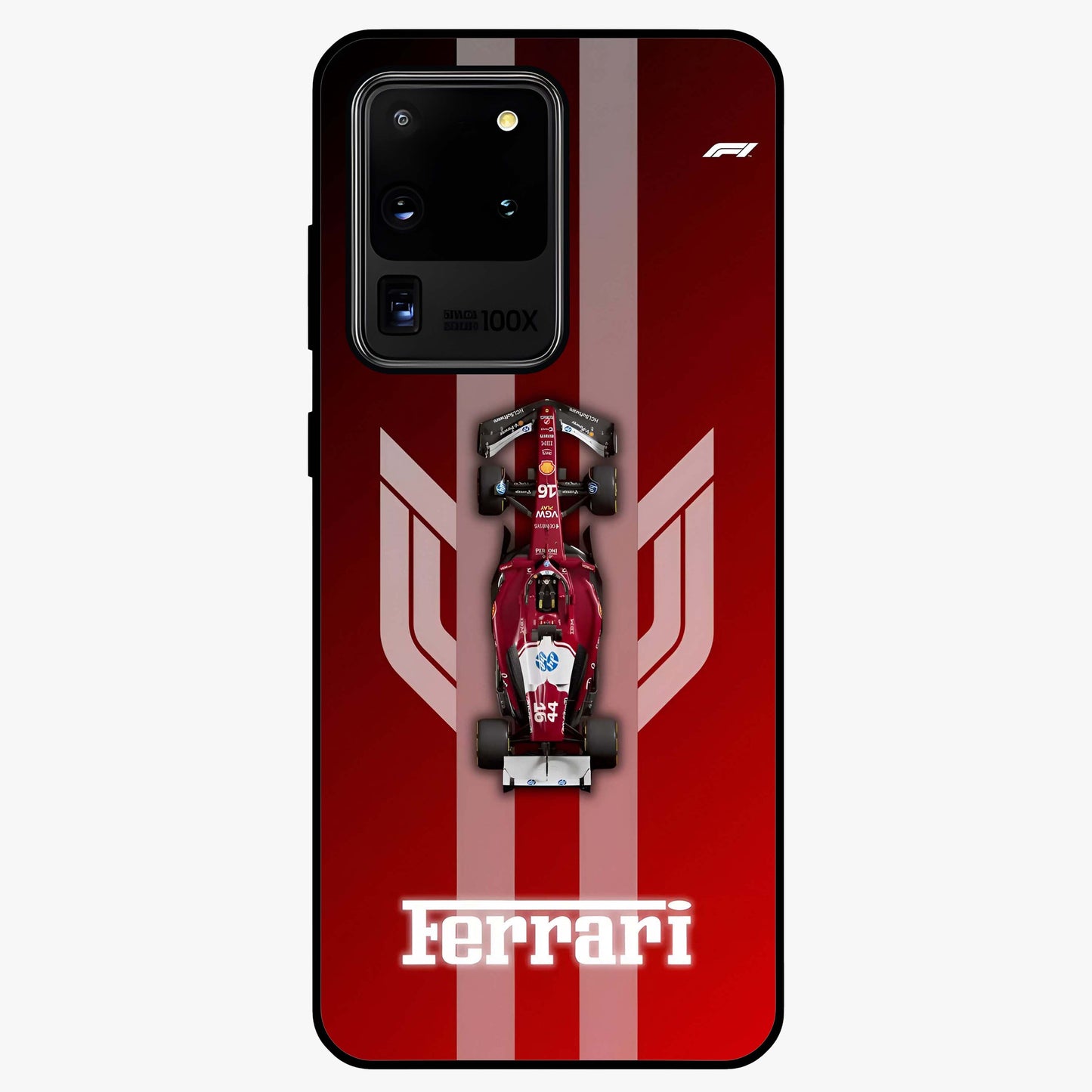Red Ferrari F1 Vertical Glass Case showing flat back view with sleek Formula racing car artwork and glossy glass finish.