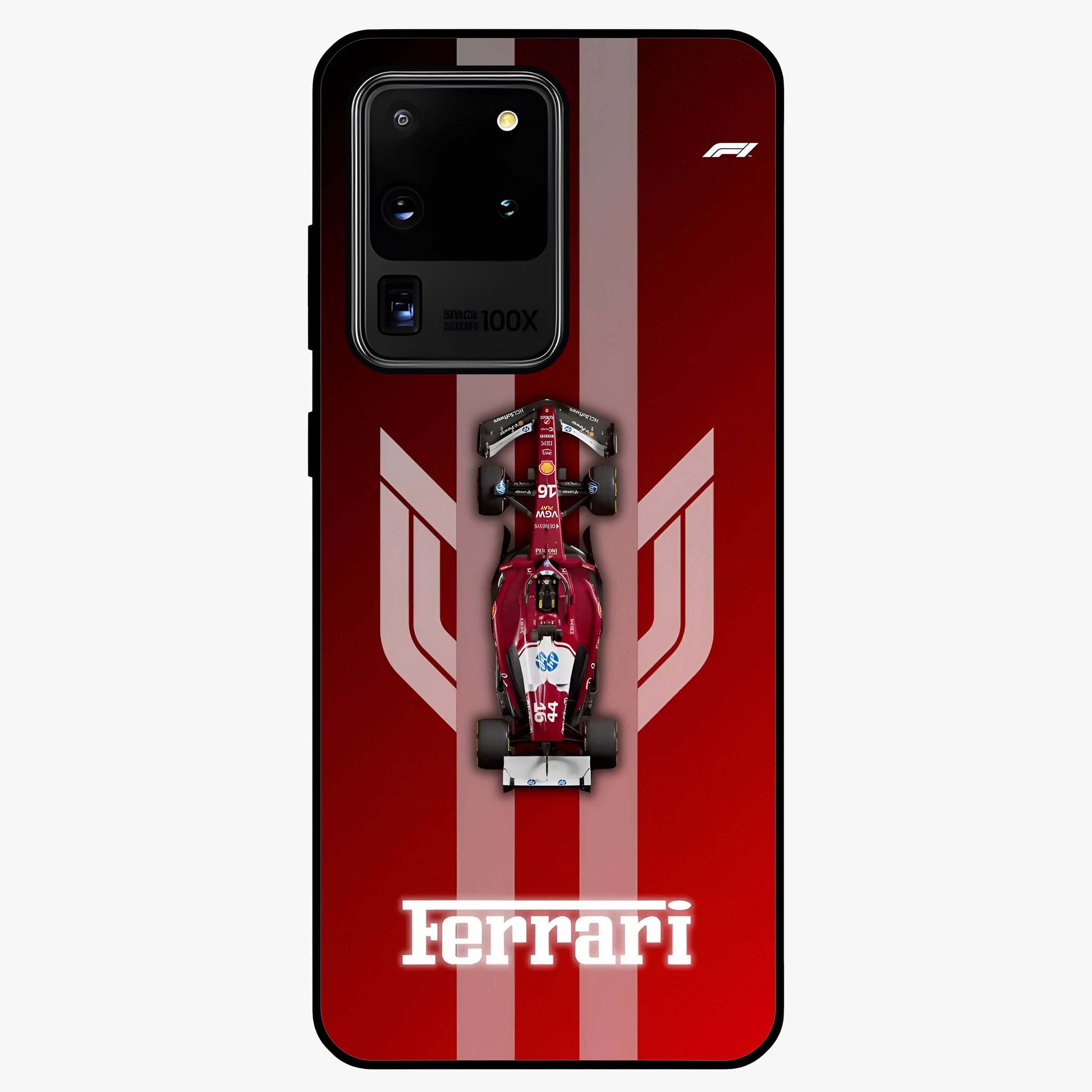 Red Ferrari F1 Vertical Glass Case showing flat back view with sleek Formula racing car artwork and glossy glass finish.