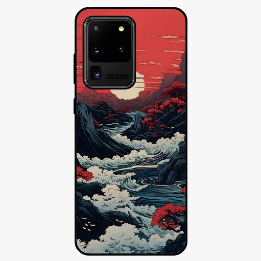 Red Sunset Scenery Glass Case showing flat back view with vibrant sunset landscape artwork and glossy glass finish.