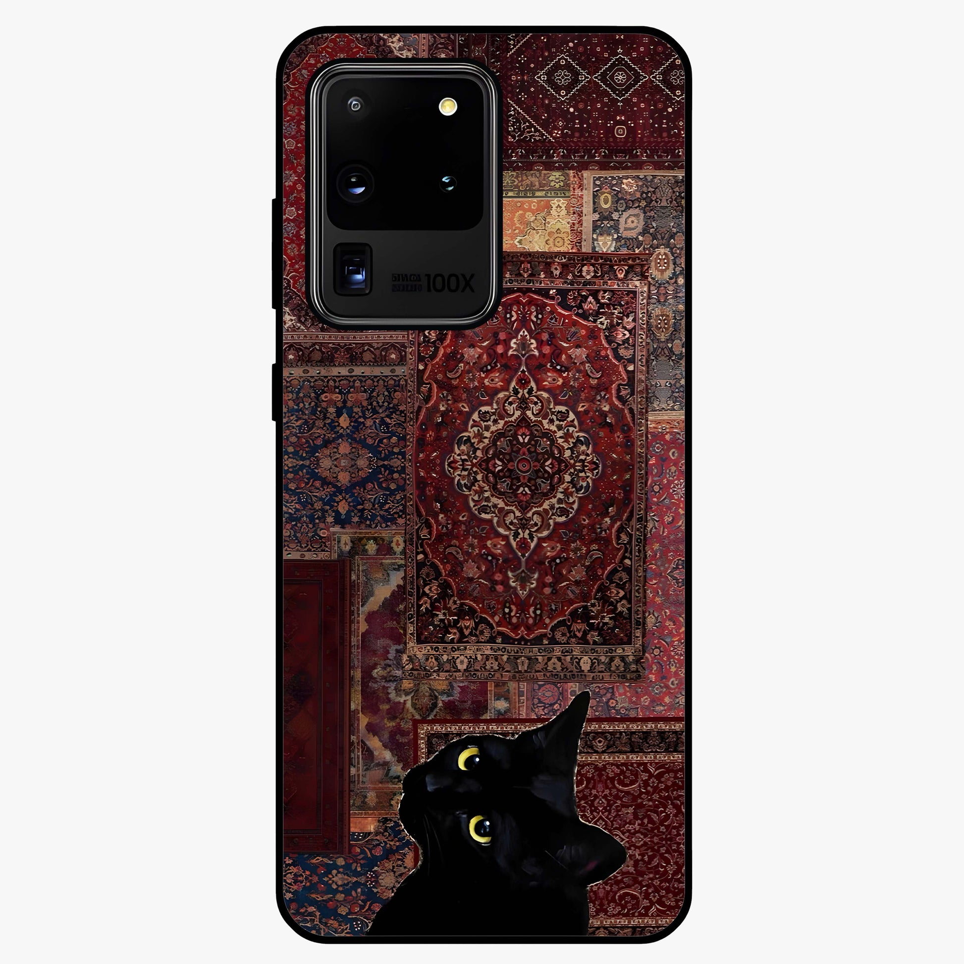 Regal Magic Cat Apple Glass Case showing flat back view with magical cat artwork holding apple and glossy glass finish.