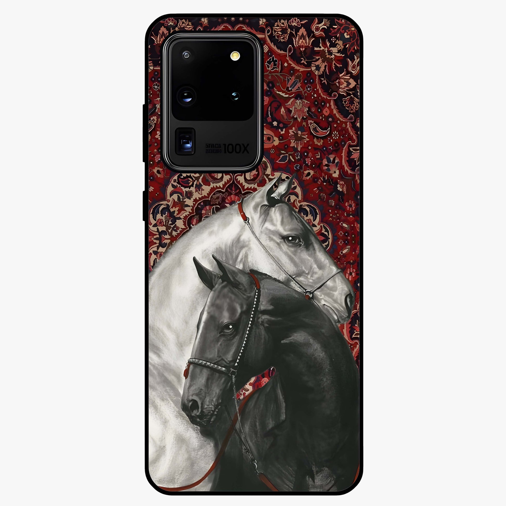 Regal Stallion Tapestry Glass Case showing flat back view with majestic horse tapestry artwork and glossy glass finish.