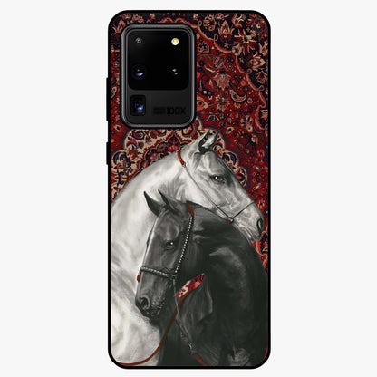 Regal Stallion Tapestry Glass Case showing flat back view with majestic horse tapestry artwork and glossy glass finish.