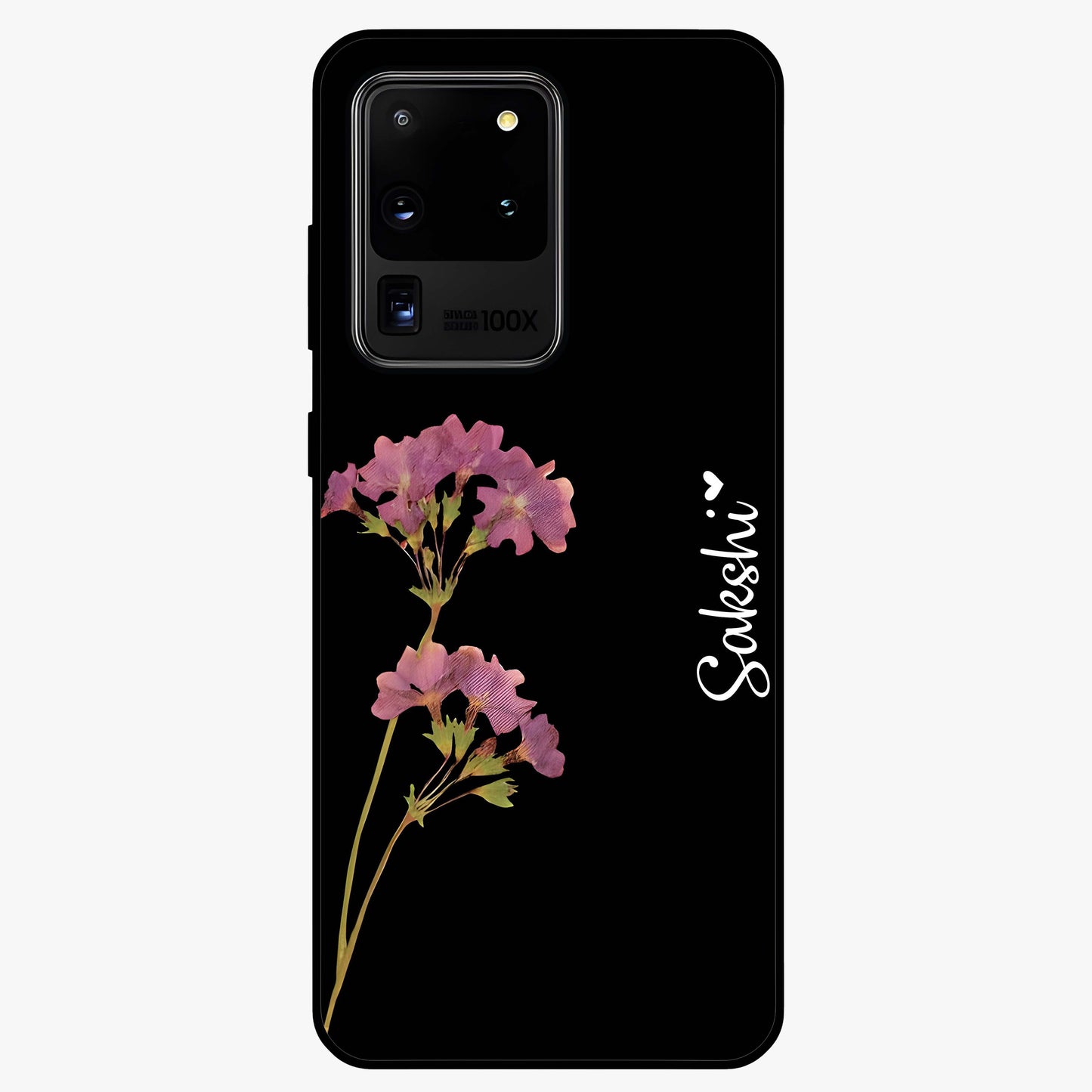 Riching Lavender Flower Custom Name Glass Case showing flat back view with lavender floral artwork and personalized name design.