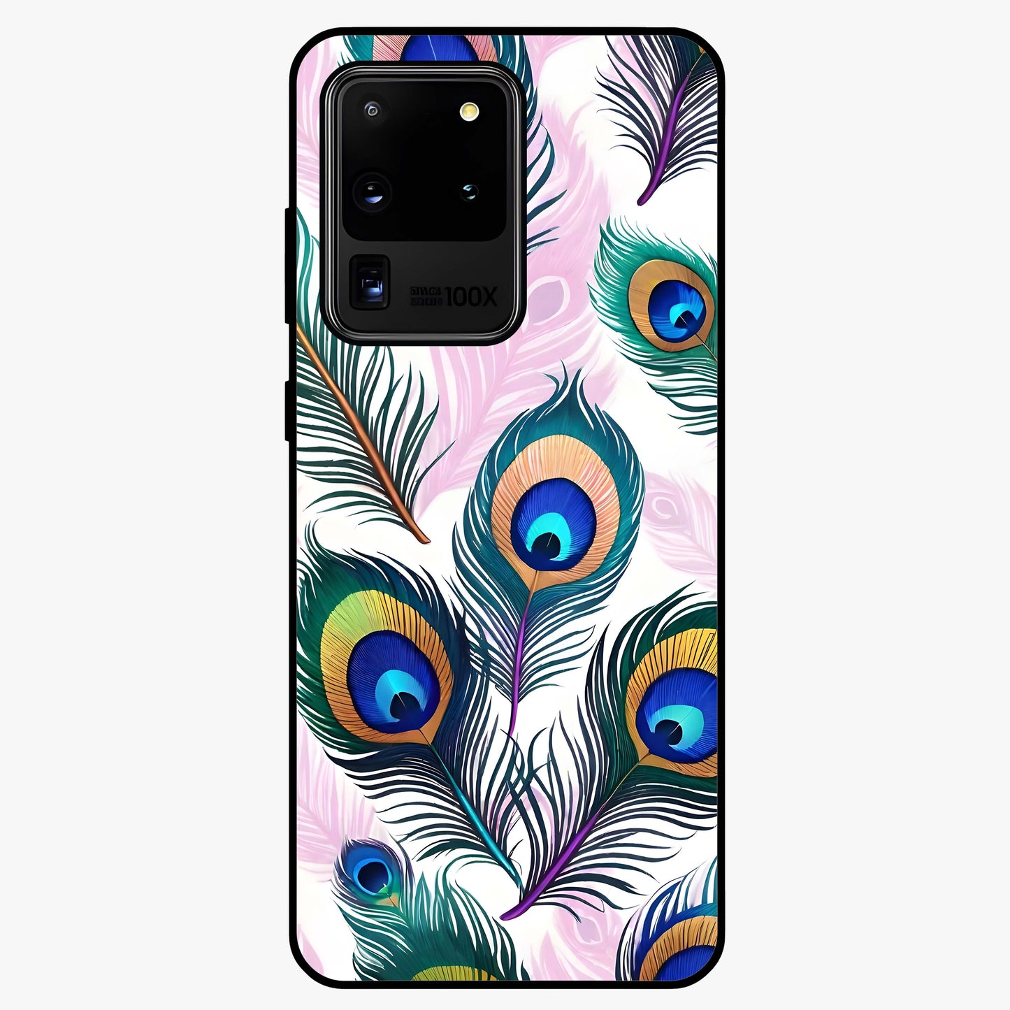 Royal Peacock Feathers Glass Case showing flat back view with colorful peacock feather artwork and glossy glass finish.