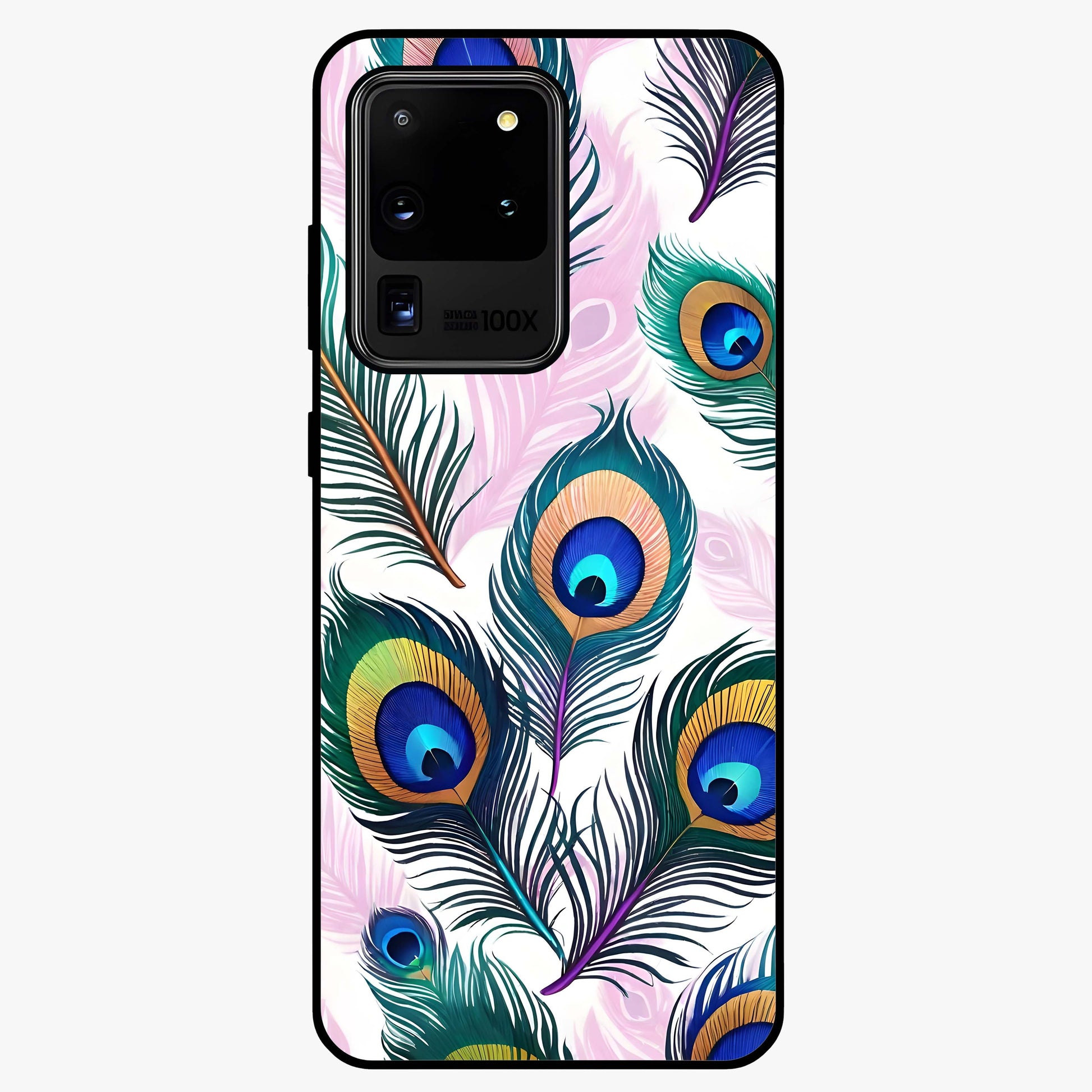 Royal Peacock Feathers Glass Case showing flat back view with colorful peacock feather artwork and glossy glass finish.