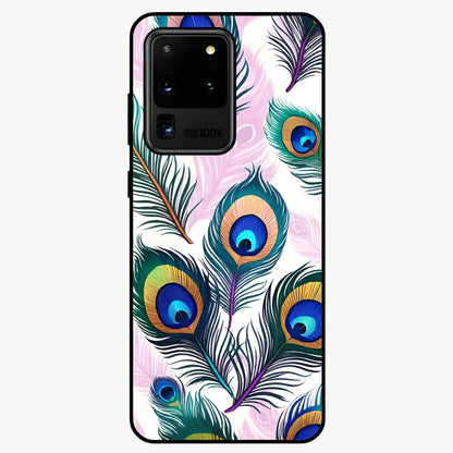 Royal Peacock Feathers Glass Case showing flat back view with colorful peacock feather artwork and glossy glass finish.